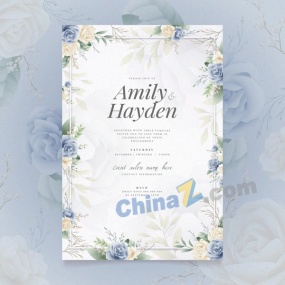 蓝色玫瑰花装饰订婚请柬